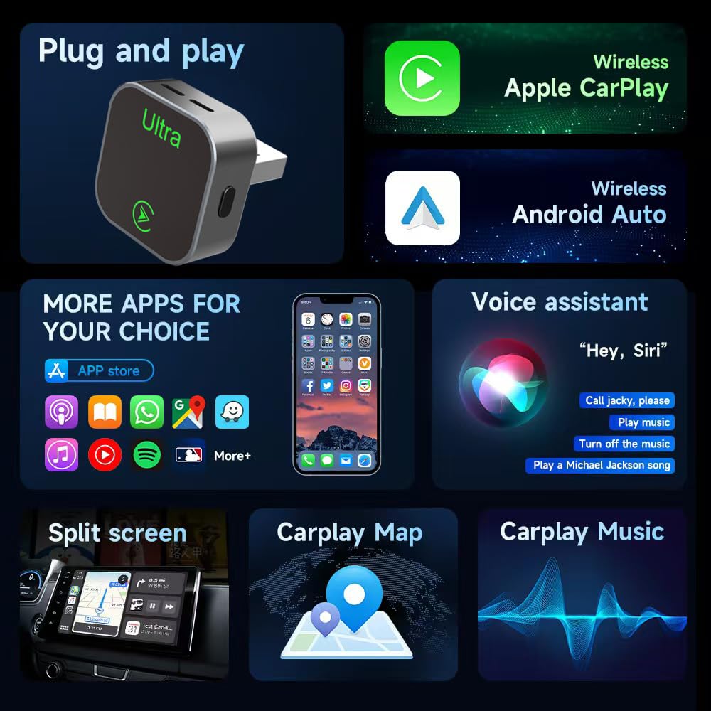 JERYONE 2-in-1 Wireless CarPlay Adapter, 2026 New, Wired to Wireless CarPlay & Android Auto Dongle, Mini Compact USB-A/T
