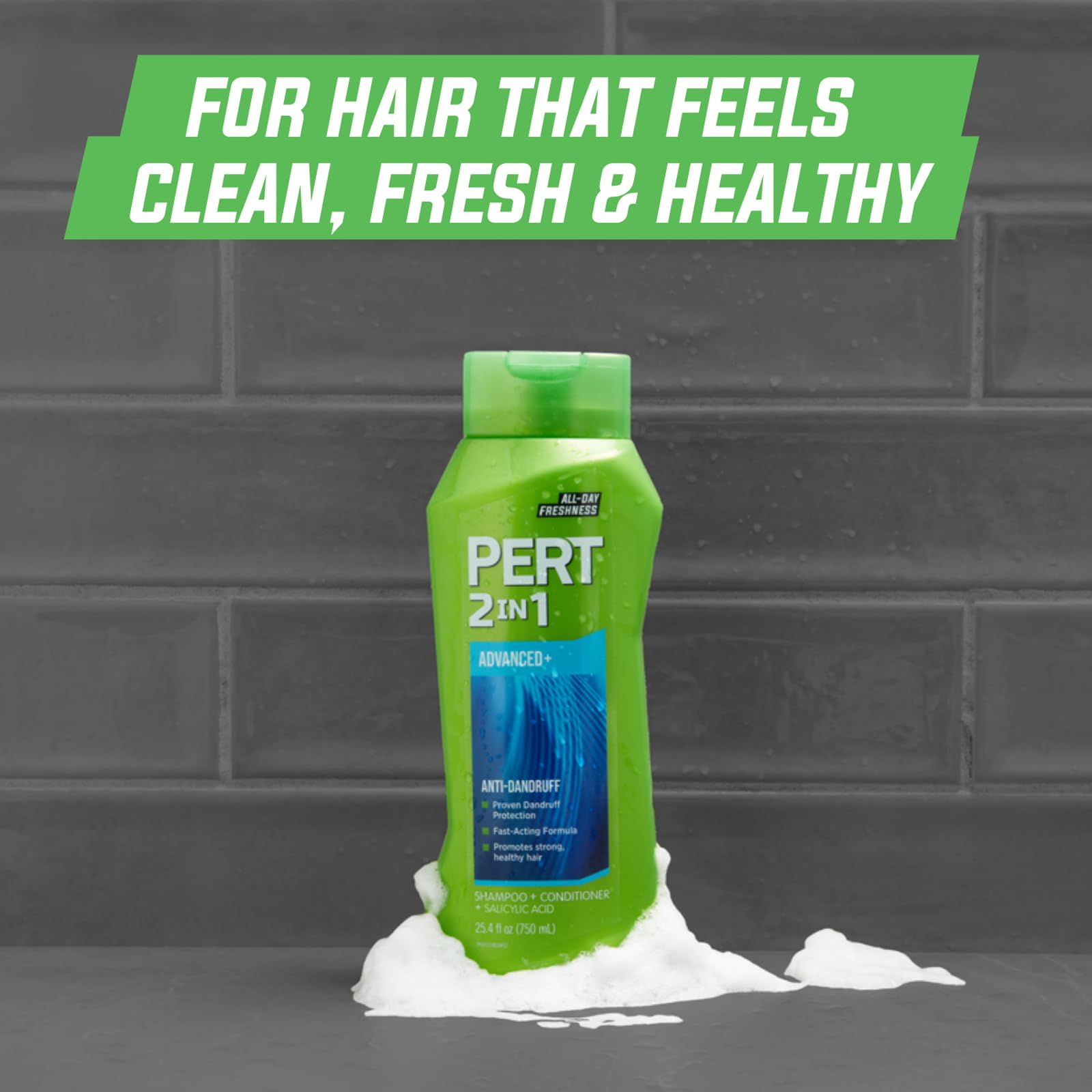 Pert Plus 2-in-1 dandruff control shampoo and conditioner in 25.4oz bottles, shown in a pack of four for healthy hair.