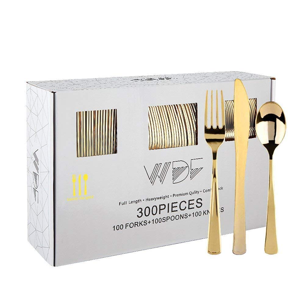 WDF300 Pieces Gold Plastic Silverware - Heavy Duty Disposable Cutlery Set Plastic Gold Silverware Set Includes 100 Forks