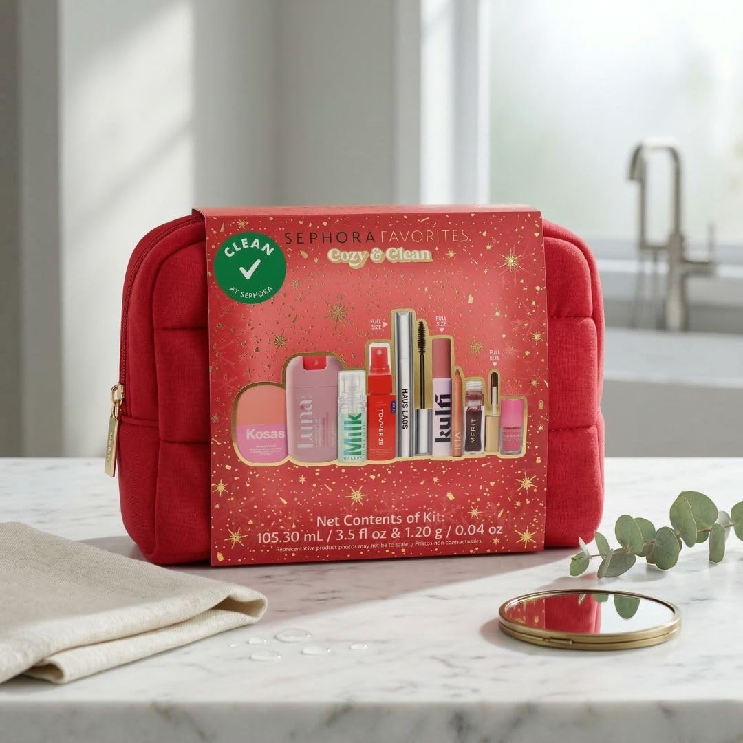 Sephora Cozy & Clean Makeup Holiday Gift Set – 9 Clean Beauty Essentials with Lip, Primer, Mascara & Skincare – full vie