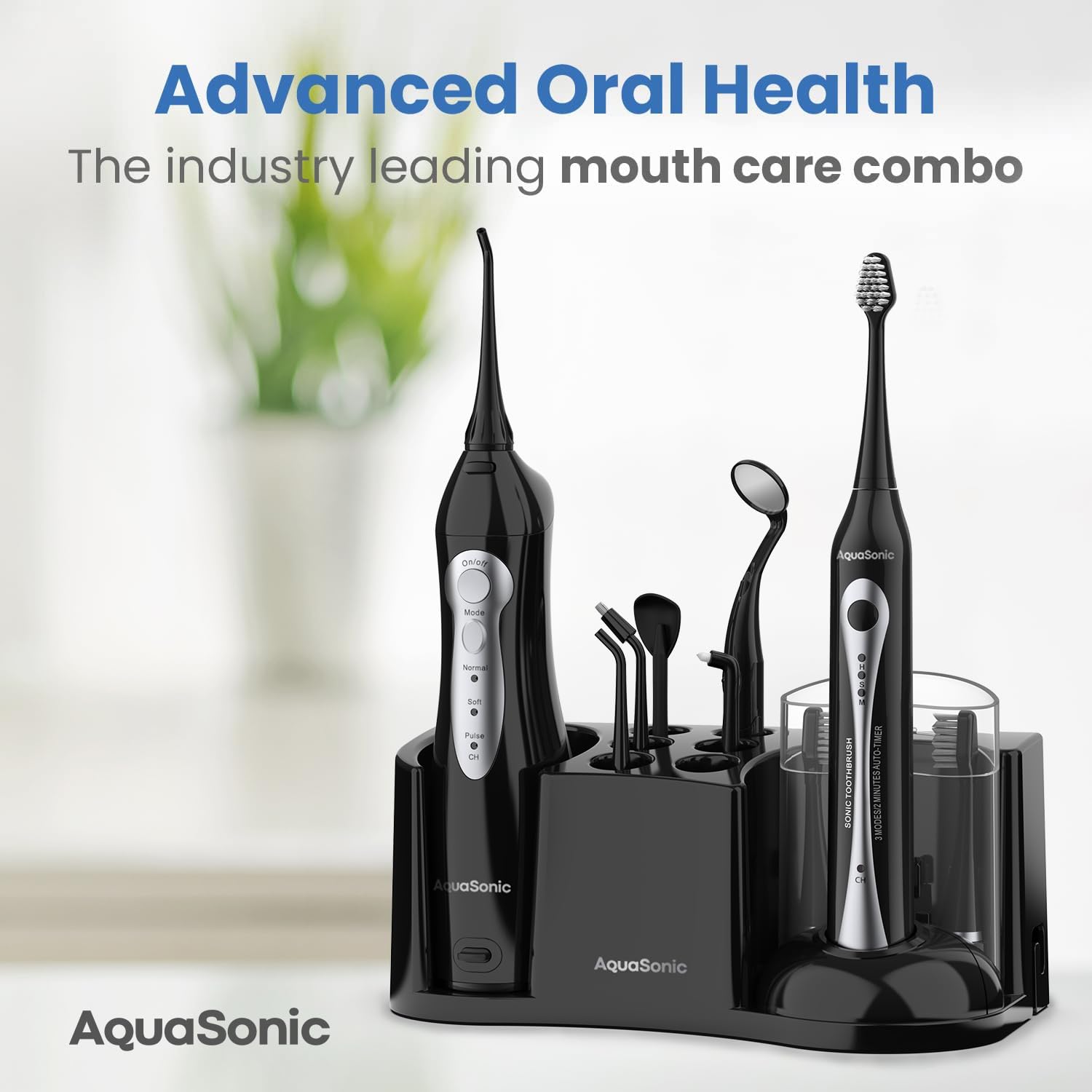 AquaSonic rechargeable oral irrigator with water flosser, 10 attachments, black finish, and multiple modes for complete family oral care.