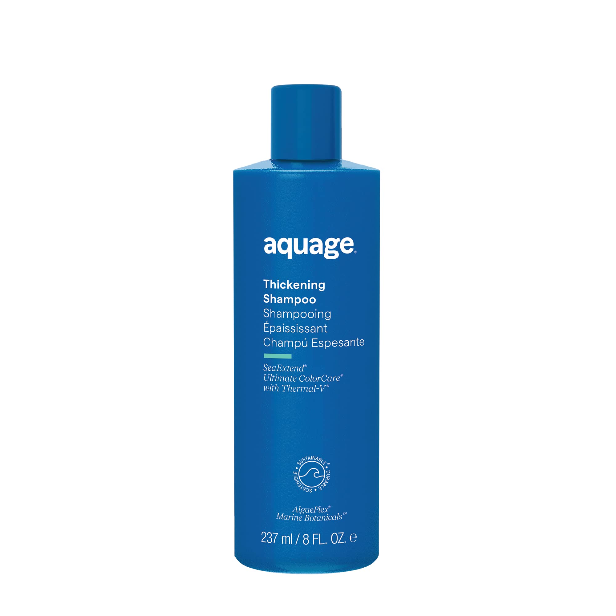 Aquage Thickening Shampoo for fine, color-safe hair in 8 oz bottle, showing the shampoo bottle with label and product packaging