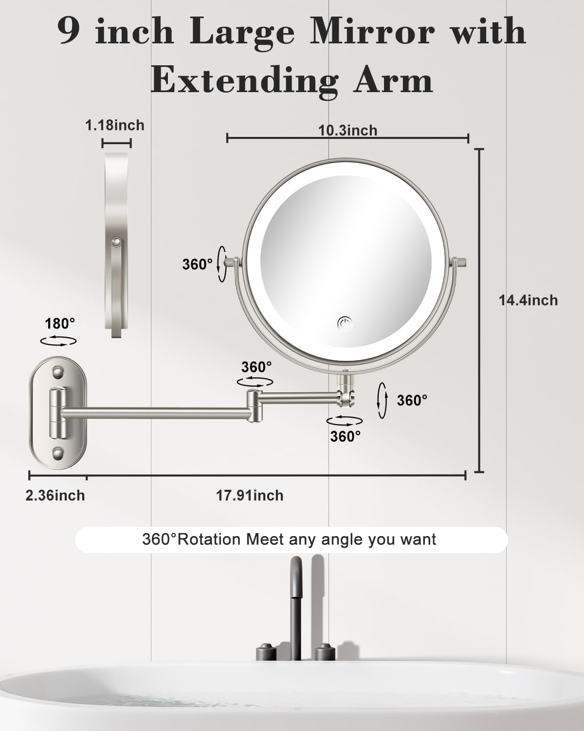 VFD 9'' 30X/1X Wall Mounted Height Adjustable Lighted Magnifying Makeup Mirror – product photo (Makeup Mirrors)