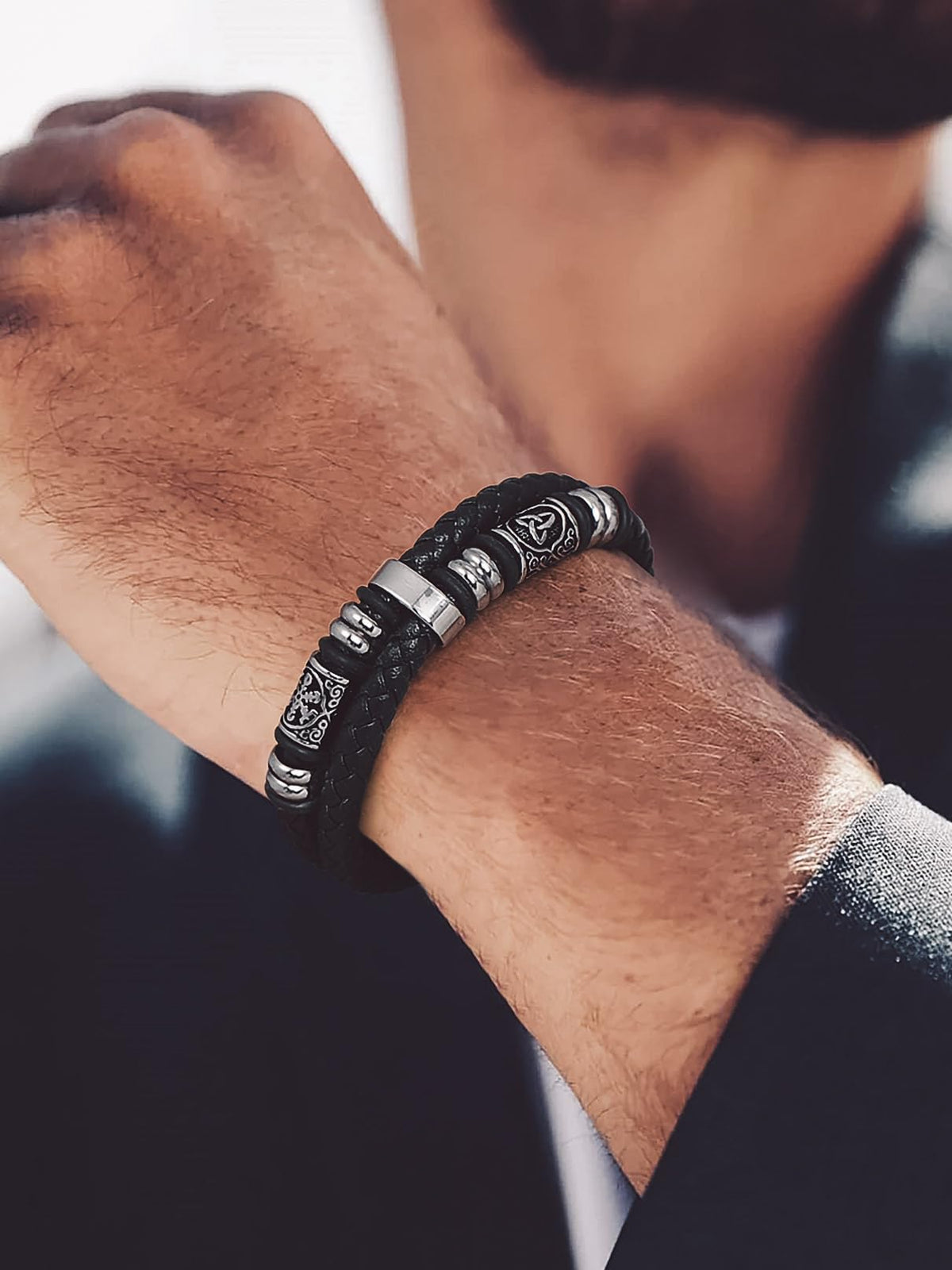 Bandmax Men's Black Double Wax Rope Bracelet Waterproof Stainless Steel Norse Style Celtic Knot Beads Wristband 7-9 Inch