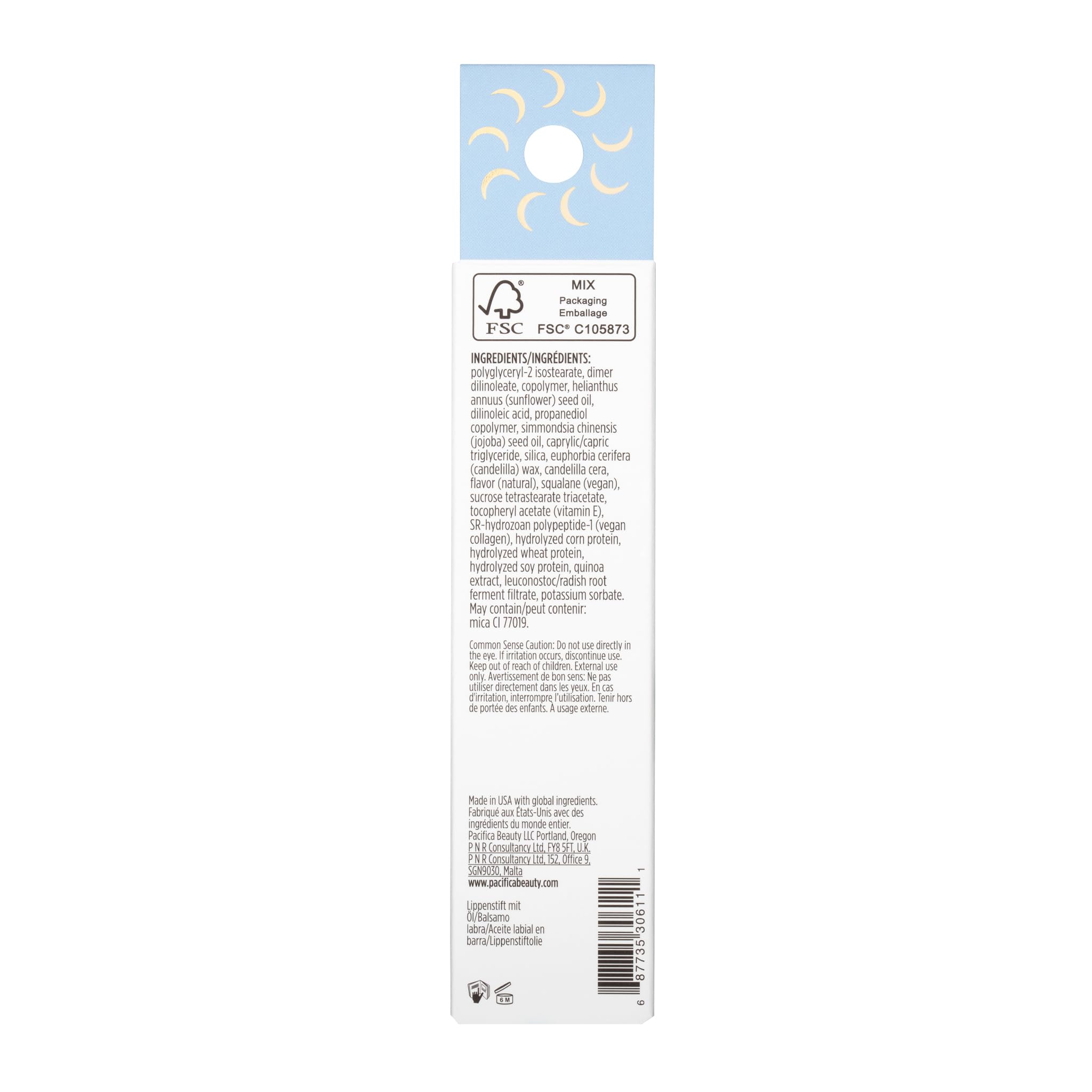 Pacifica vegan lip balm trio featuring hydrating lip balms in colorful tubes with natural ingredients in clear packaging.