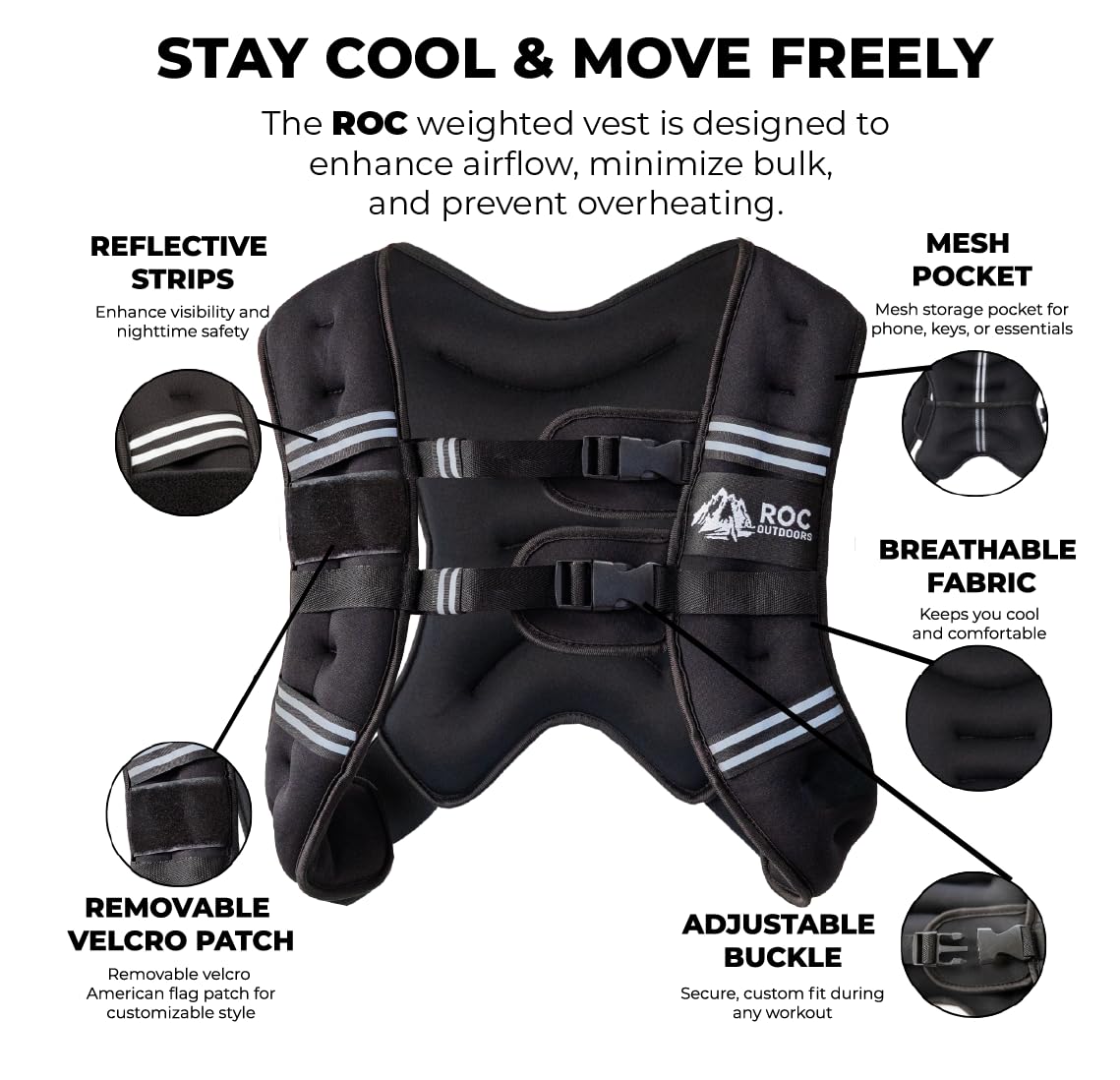 Roc Outdoors Weighted Vest W/ Rub-Free Technology for Woman and Men, 5lb/10lb/15lb/20lb/30lb Weight Vest with Reflective