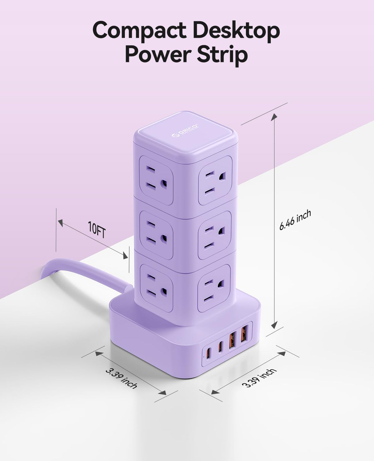 ORICO 10FT Extension Cord with 12 AC Outlets 4 USB, Surge Protetctor Power – full view