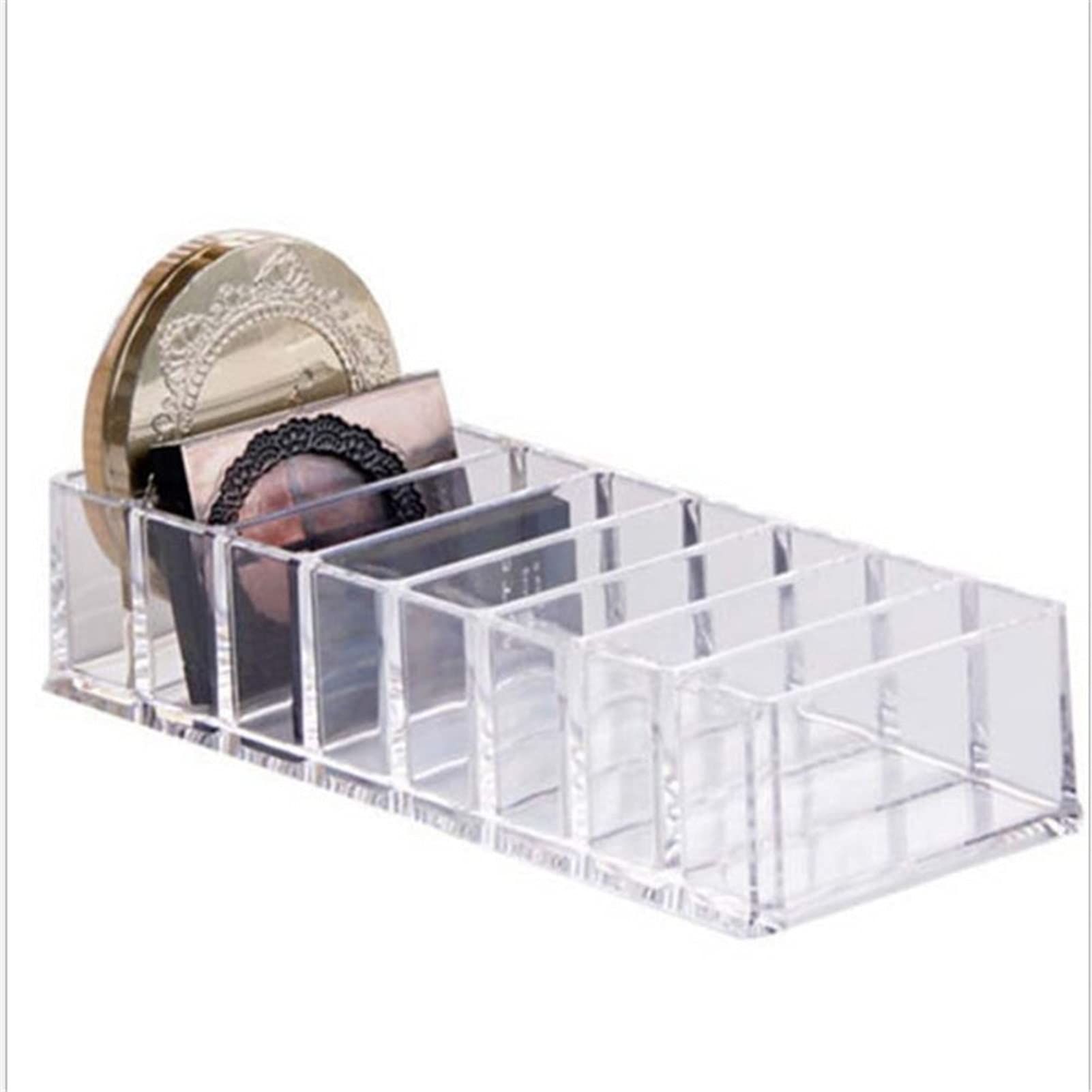 RIZGHWOY transparent plastic cosmetic organizer tray with 6 compartments for makeup and toiletry storage at home or store.
