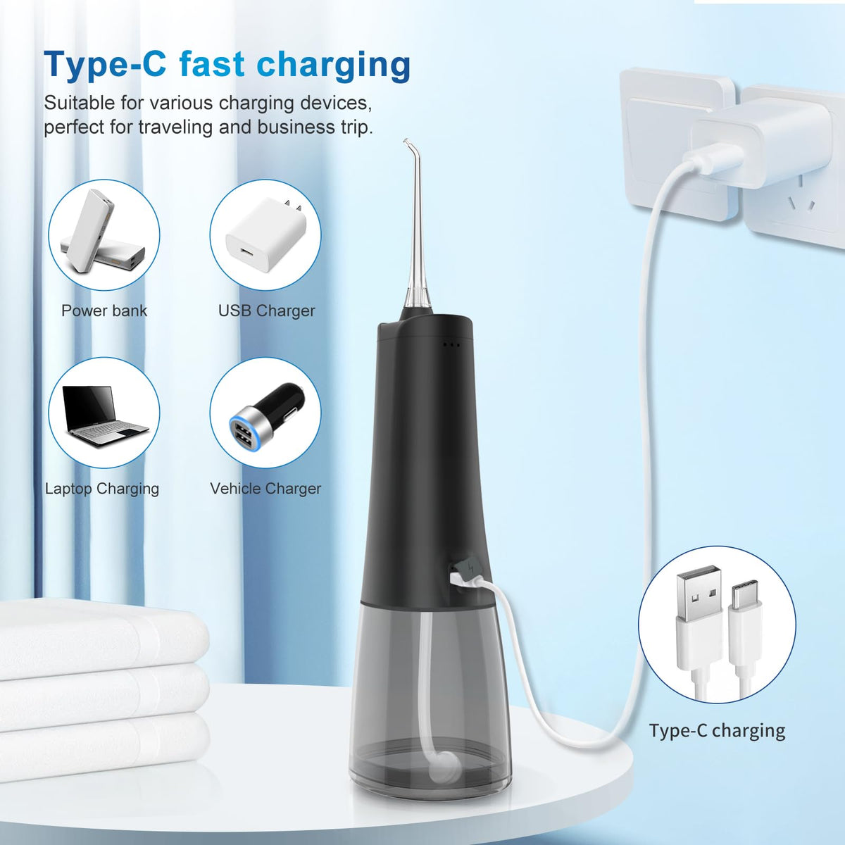 JNGOODS Cordless Water Dental Flosser Oral irrigator,JNGOODS 300ml Rechargeable Water flosser for Teeth IPX7 Waterproof 