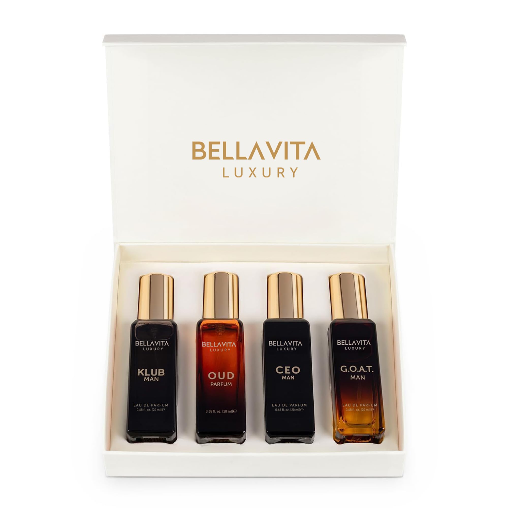Bella Vita Luxury men's perfume gift set with four 20ml bottles, featuring elegant packaging and diverse fragrances.