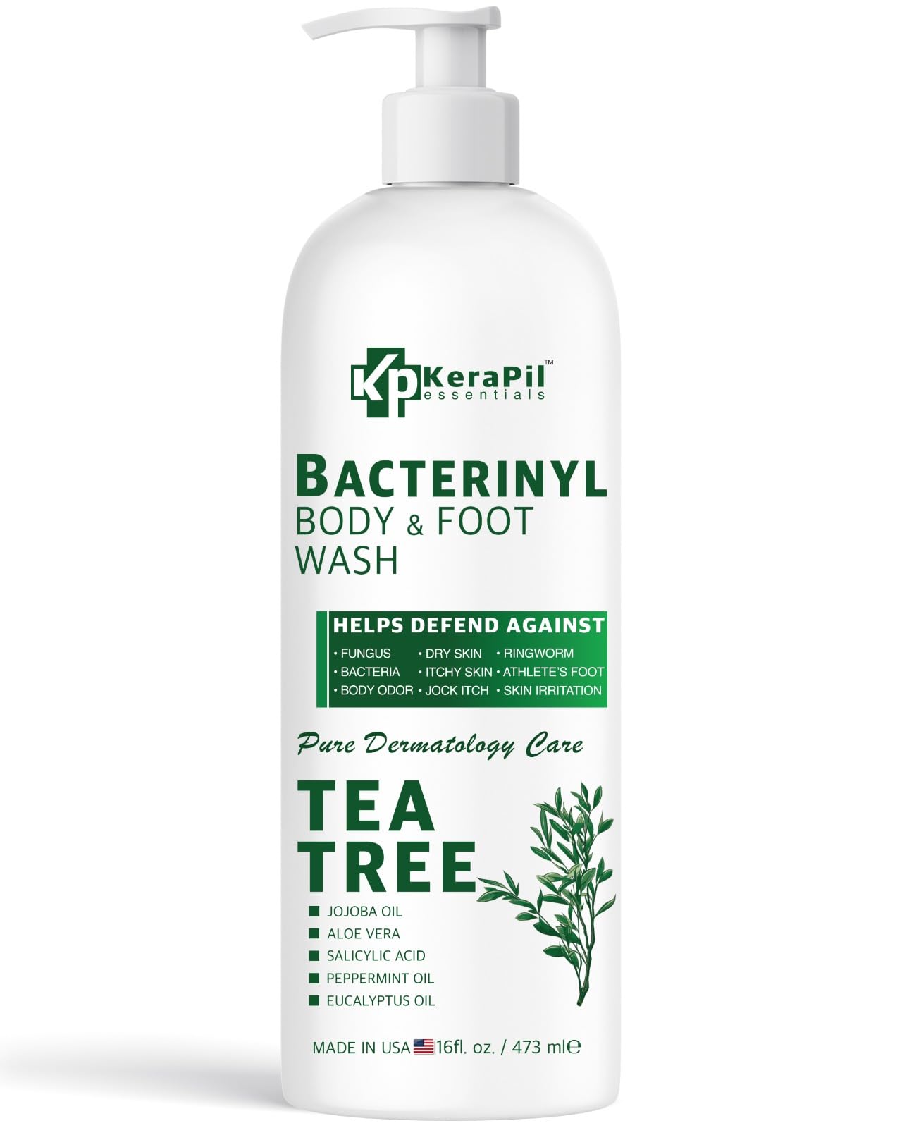 KERAPIL Tea Tree Oil Body Wash in a 16 fl oz bottle, natural skin cleaning agent with tea tree oil for refreshment and cleansing.