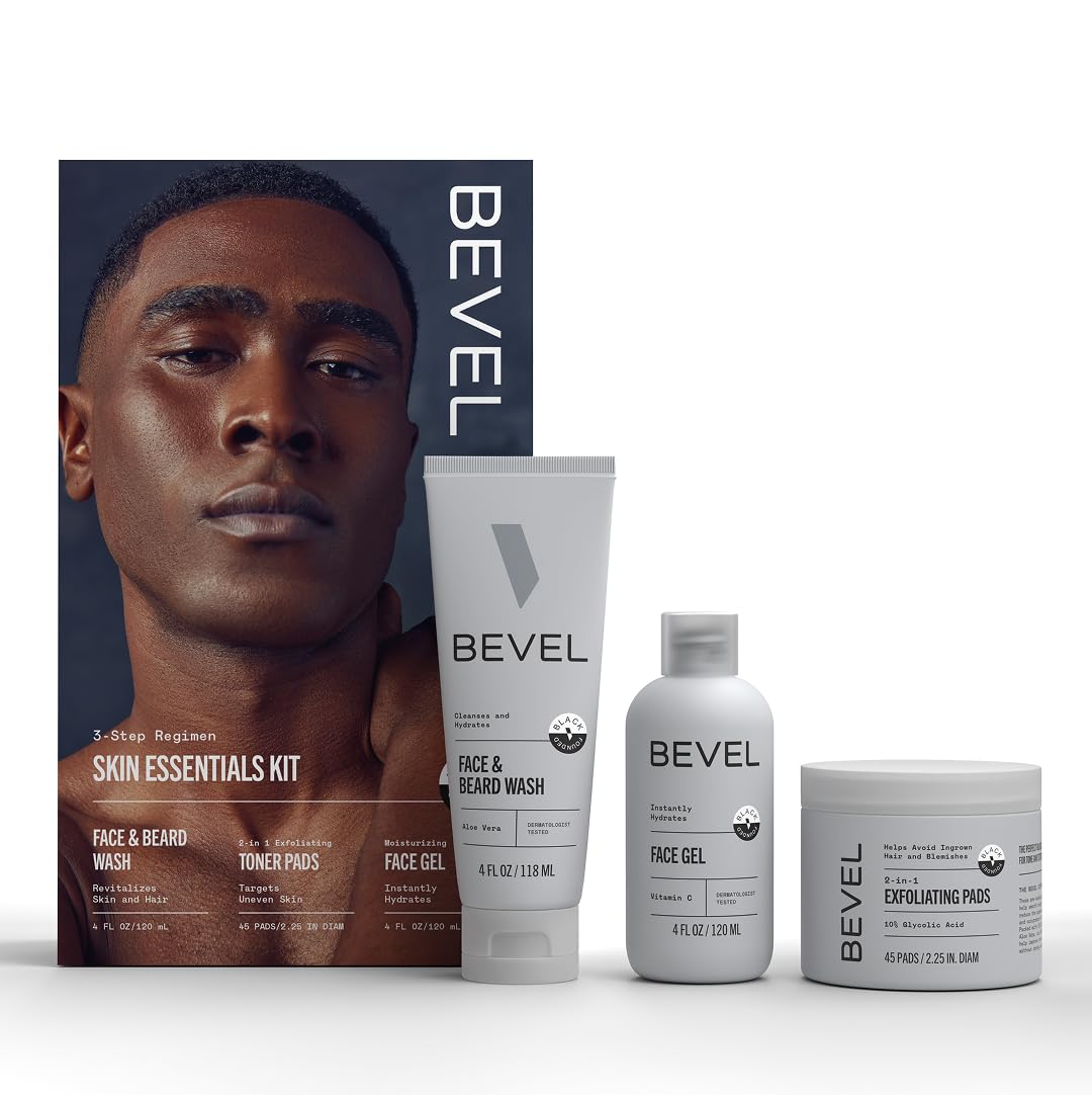 Bevel men's skin care set with face wash, gel, and exfoliating pads for healthy skin cleansing.