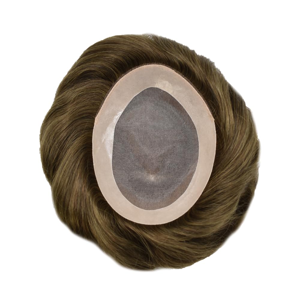 Curve Hair Mens Toupee Human Hair Piece Replacement System Monofilament Wig Hair Unit for Men Durable Poly Coated Mens Hairpiece (#5 Med-light Brown, 5"X7")