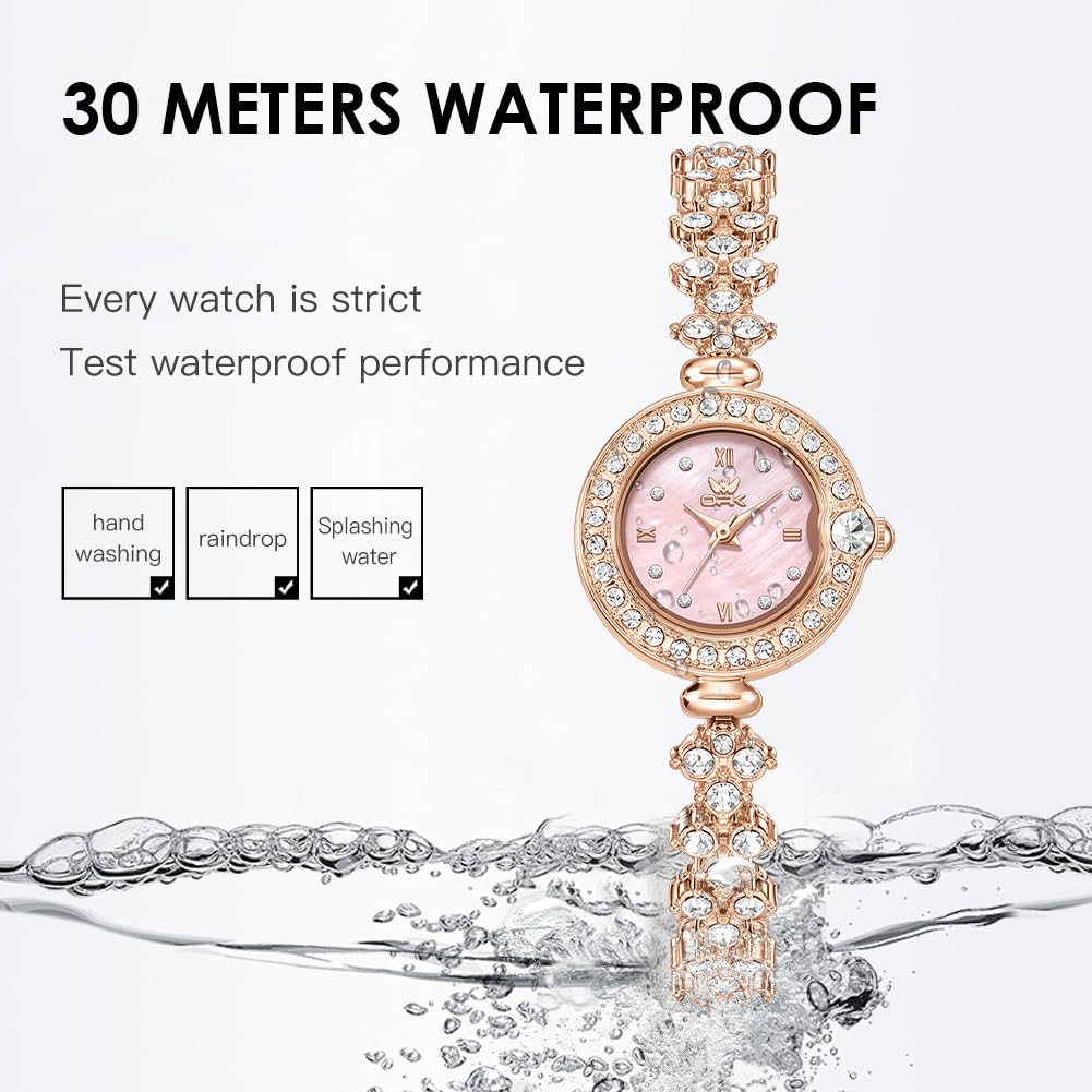 OPK Womens Rose Gold/Silver/Pink Bracelet Waterproof Luxury Diamond Watch – back view and specifications