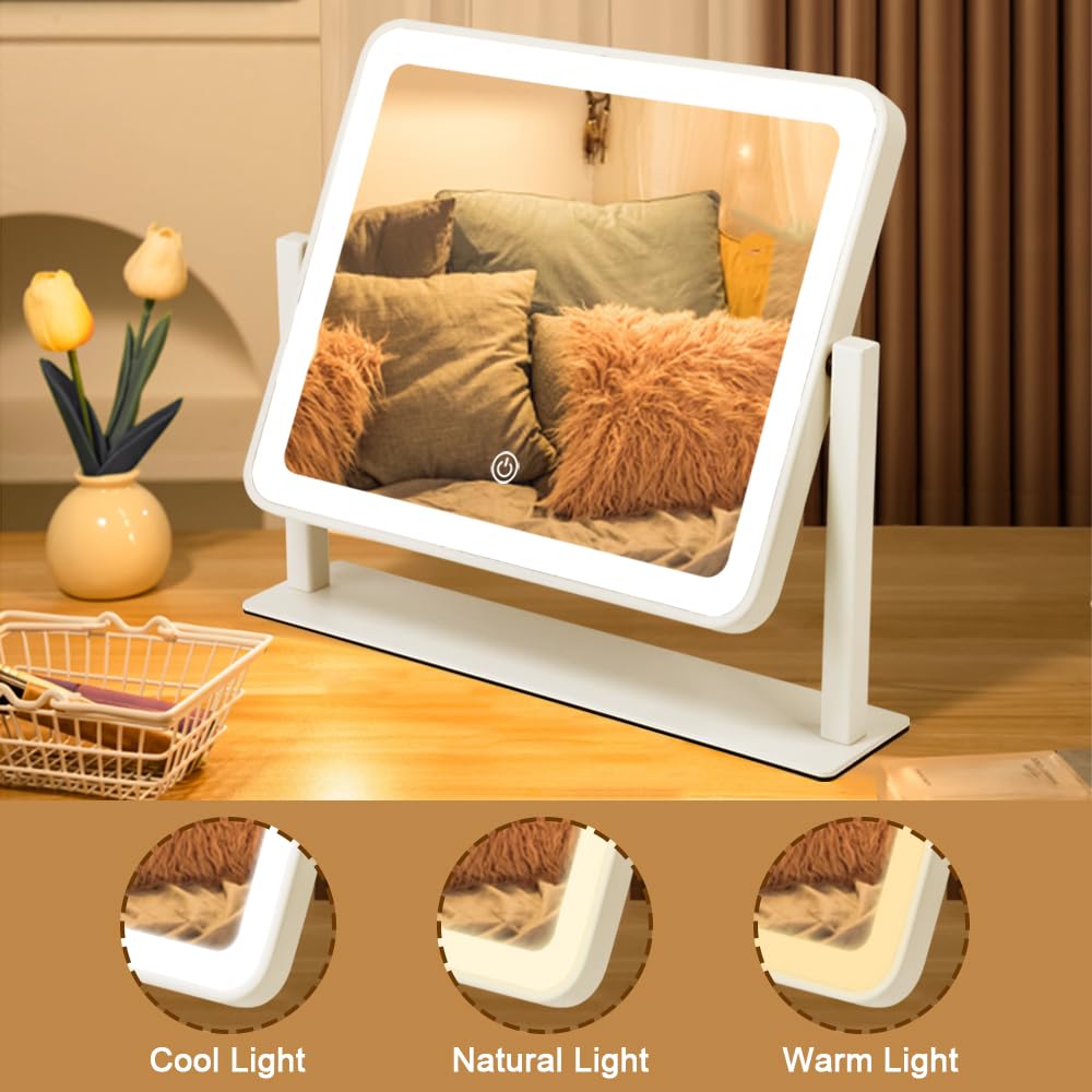 YEKKOPT Rechargeable Vanity Mirror with Lights, 12"×14" LED Makeup Mirror, Smart Touch Control, 3 Color Lighting