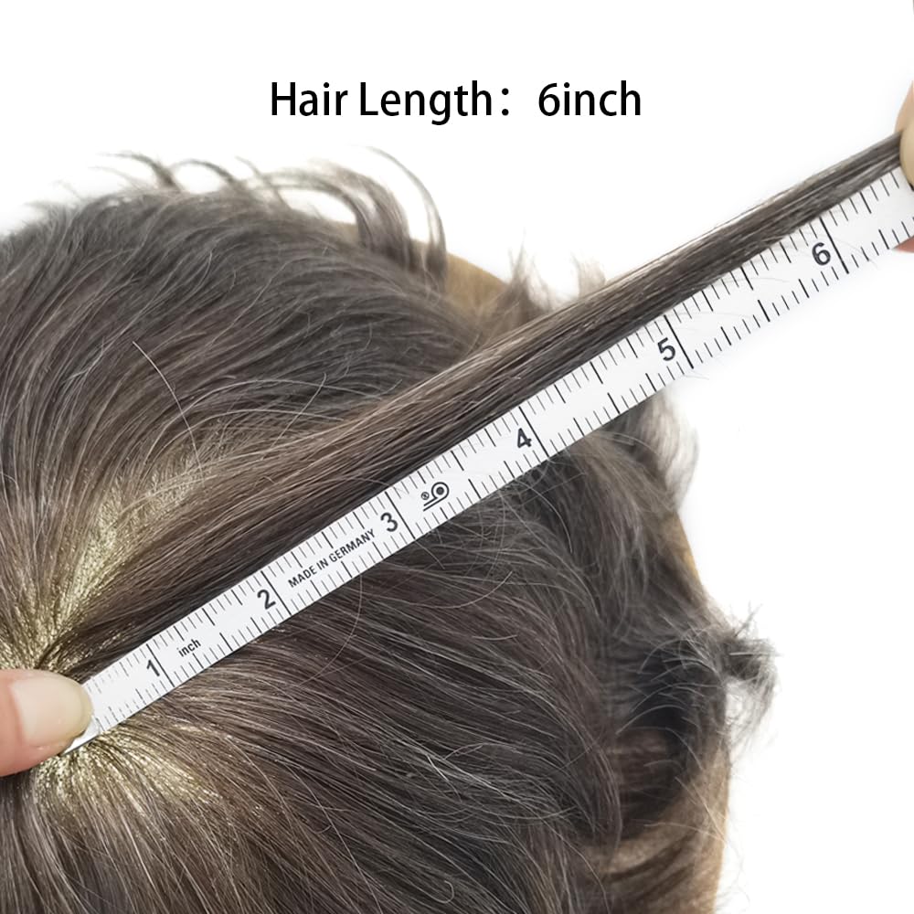 Curve Hair men's toupee wig with light-medium brown and gray human hair, monofilament base, 7x10 inches, durable poly coating.