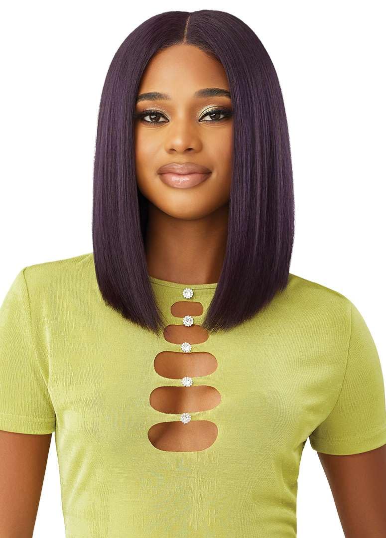 Outre 6X5 Pre-Cut Lace Closure Wig - Human Hair Blend - Yaki Straight Bob 14" (BLACK BERRY) – close-up detail in BLA