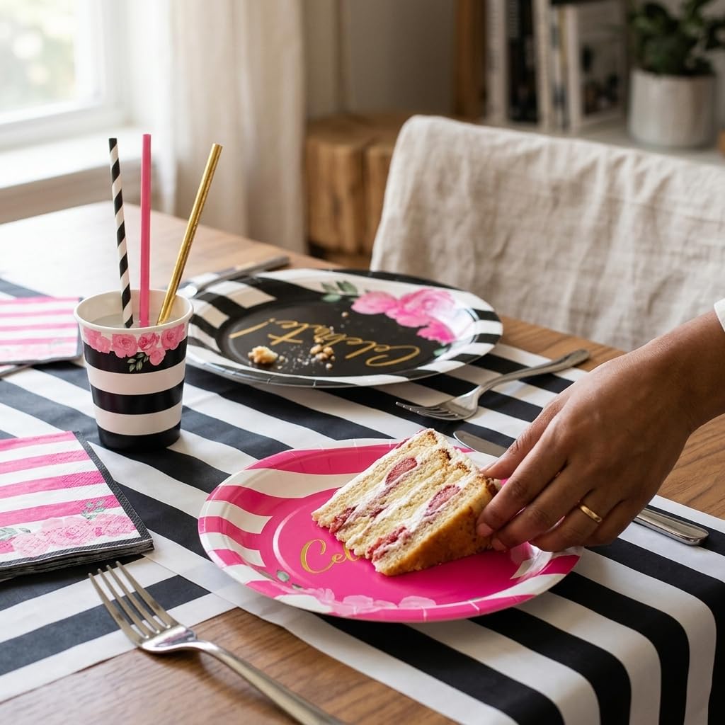 RainMeadow 121 Pc Black and Pink Birthday Decorations, Tableware Set Serves 24