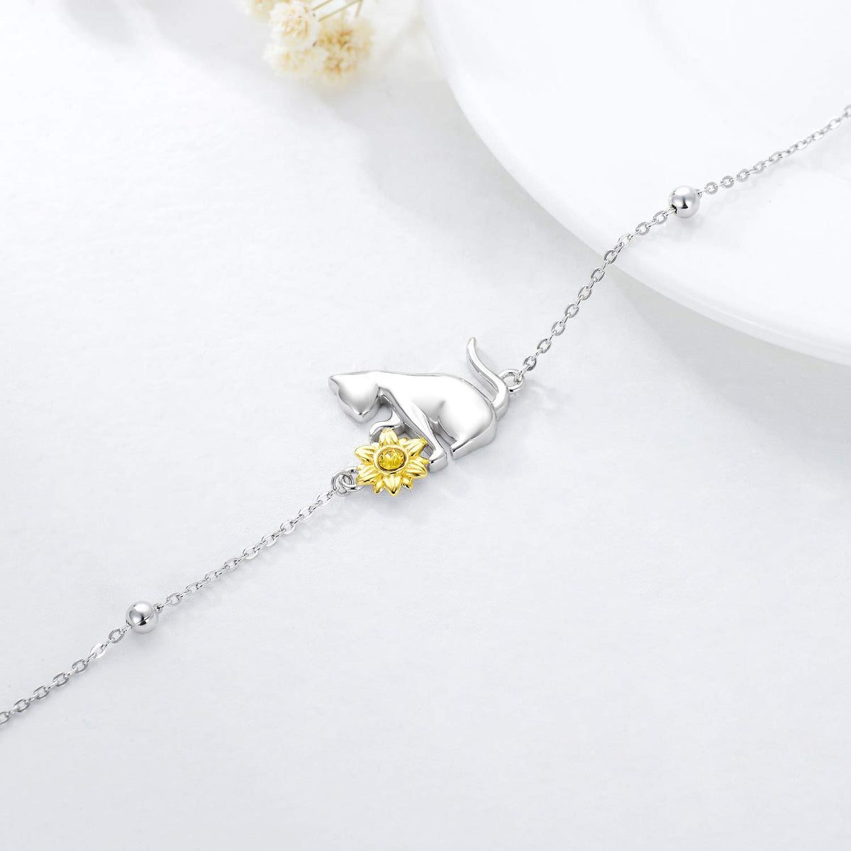 AOBOCO 925 Sterling Silver Cute Cat Kitty Bracelet Adjustable Link Chain, Cat Jewelry Gifts for Cat Lovers 7-9 inches – 