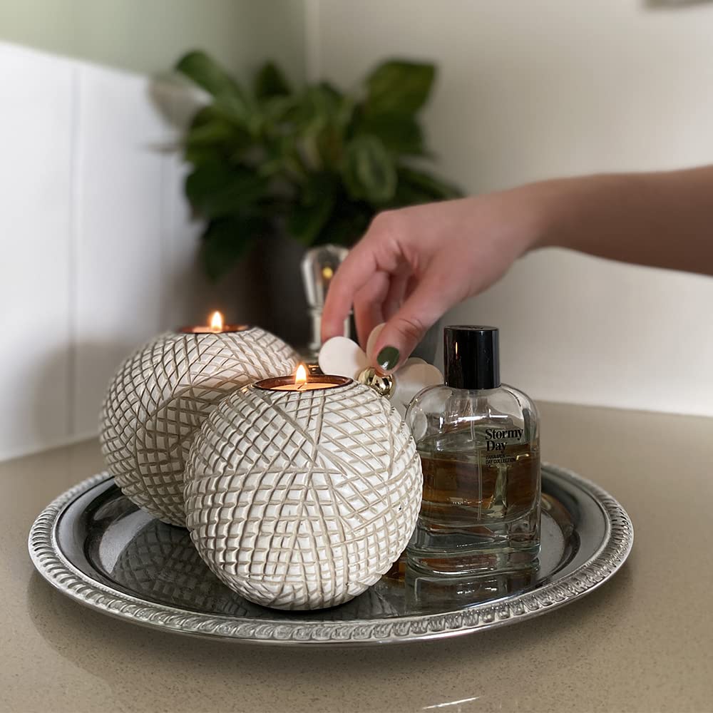 Huey House Luca Beige Orb Tea Light Candle Holders, Gift Boxed Set of 2 – Beige and white Rustic gold and gray Brown and