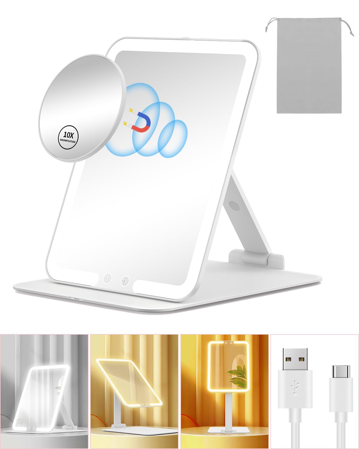 Gospire Travel Makeup Mirror with Lights and Magnification 10X, White – product photo (Makeup Mirrors)