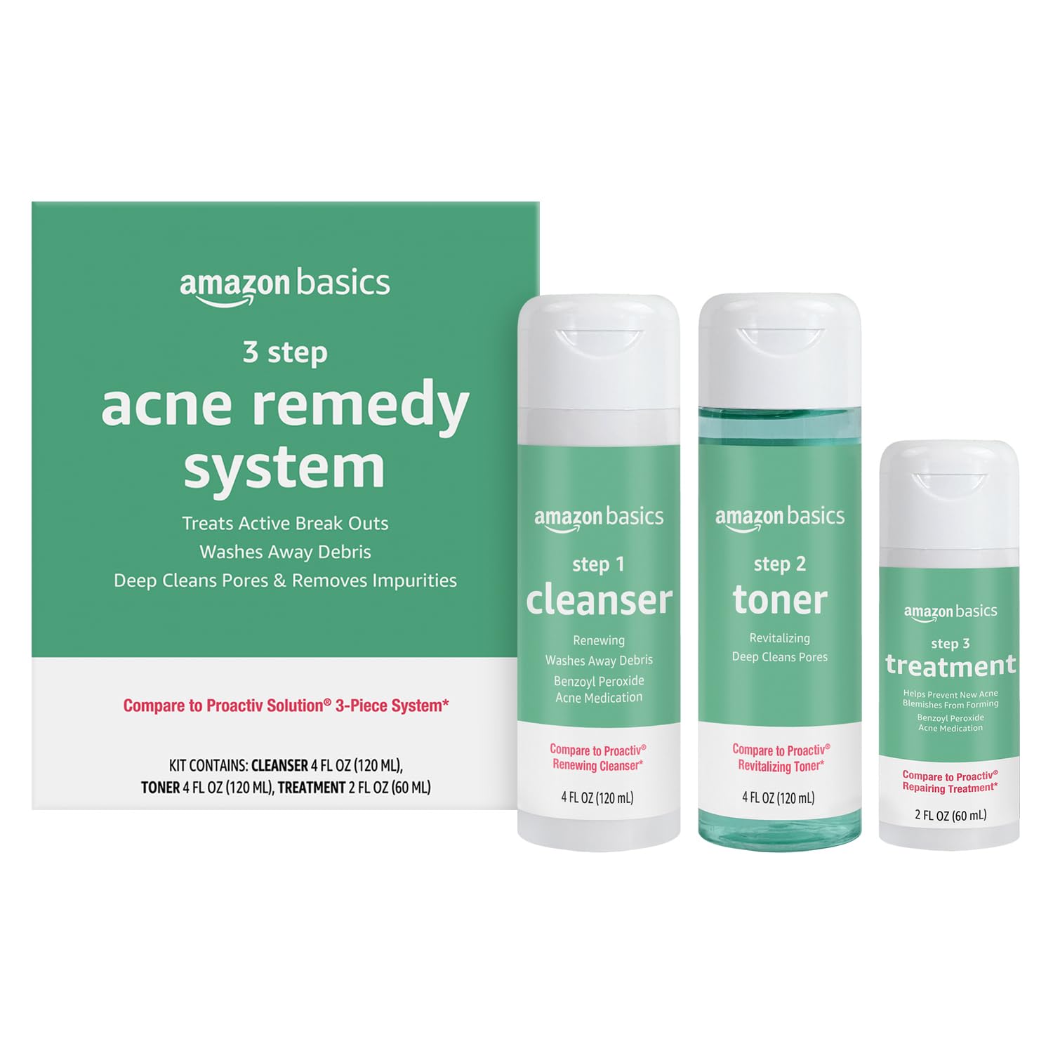 Amazon Basics 3-step acne remedy system bottle with clear label, featuring skincare ingredients and 10 fl oz volume.