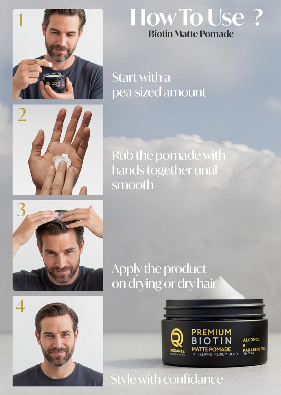 Rodante Beverly Hills Biotin Matte Cream Texture Paste Clay Pomade, Premium Thickening Cream Medium Hold & Anti Hair Los