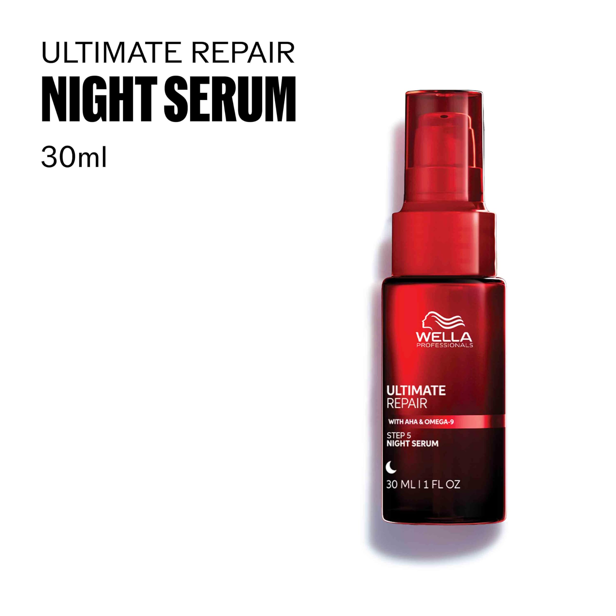 Wella Professionals Ultimate Repair Night Serum for hair, featuring a sleek bottle with a dropper for overnight treatment.