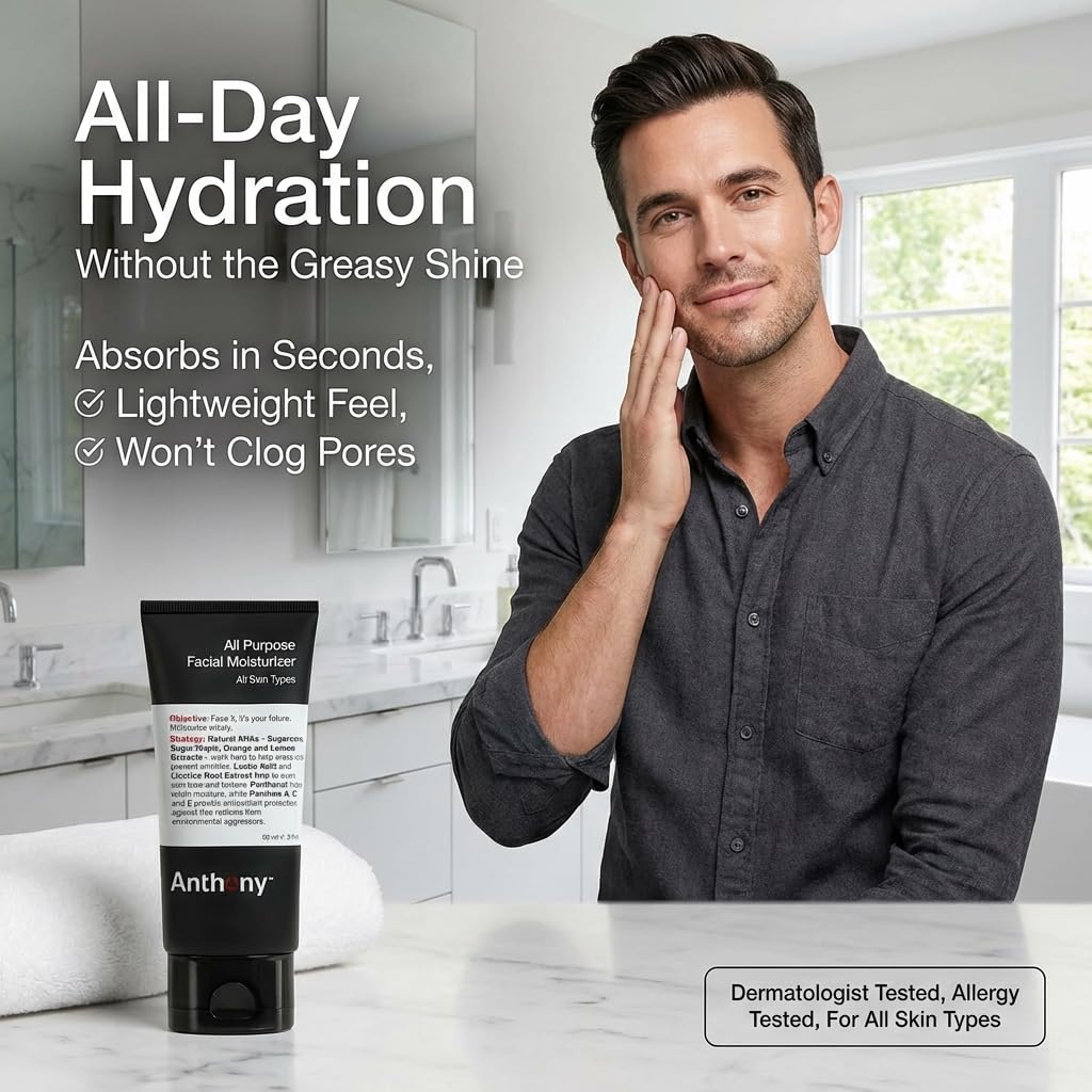 Anthony All-Purpose Facial Moisturizer – Men’s Hydrating Lotion for Dry Skin – Lightweight, Non-Comedogenic, Anti-Aging 