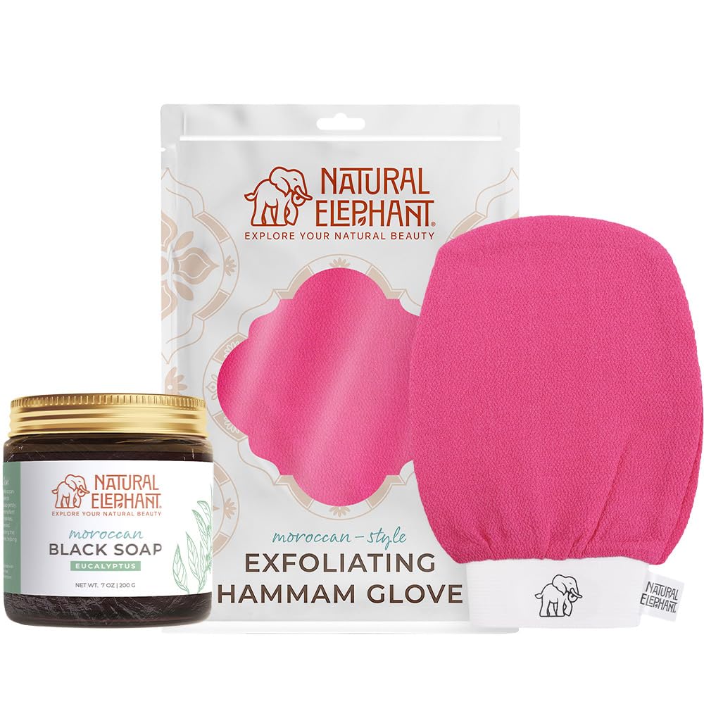 Natural Elephant Moroccan Black Soap 200g (7oz) and Exfoliating Hammam Glove Combo (Pink Tulip) – product photo (Soaps)