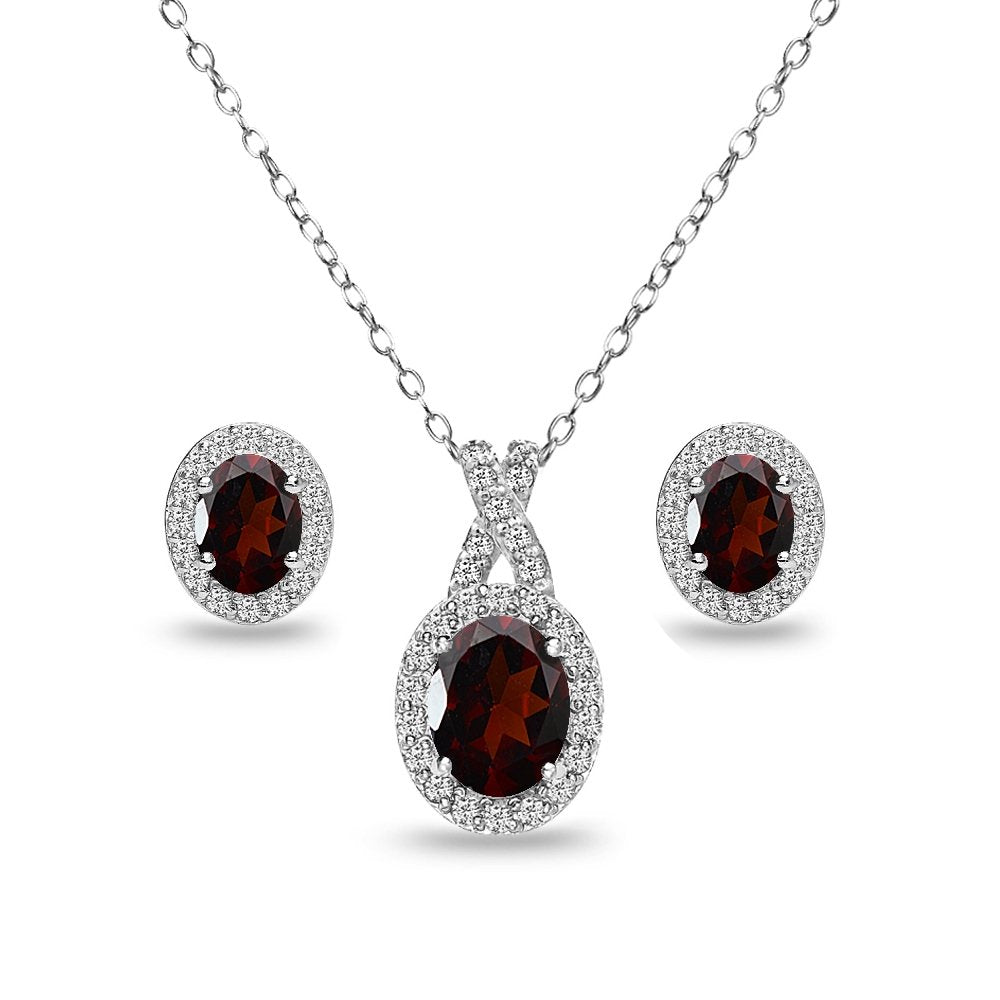 B. BRILLIANT Sterling Silver Genuine, Created or Simulated Gemstone Oval Halo X Necklace & Earrings Jewelry Set for Wome