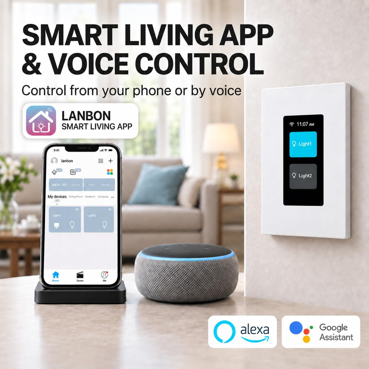 LANBON L9 1- or 2-Load LCD Smart Light Switch, Radar-Activated Screen & Auto Light, Custom Names/Icons, Smart Living App