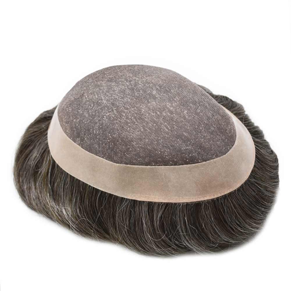 Curve Hair Mens Toupee Human Hair Piece Replacement System Monofilament Wig Hair Unit for Men Durable Poly Coated Mens Hairpiece (#330 Dark Brown+30% Gray, 7"X10")