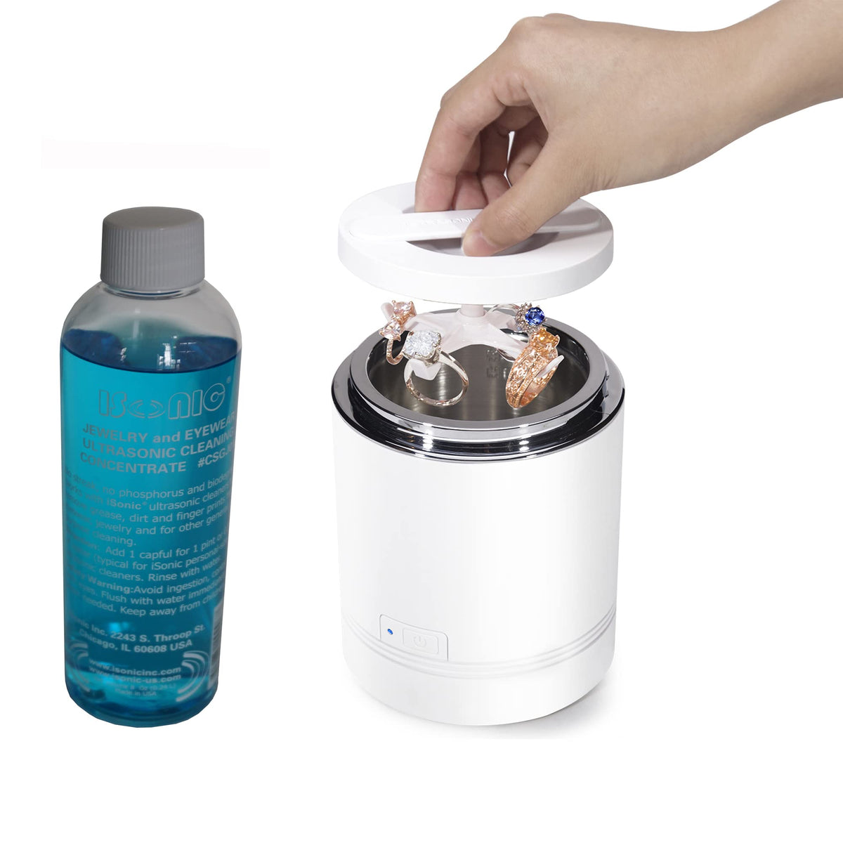 iSonic® Ultrasonic Jewelry Cleaner D1800 Pearl White with Cleaning Solution Concentrate CSGJ01 – product photo (Cleaning