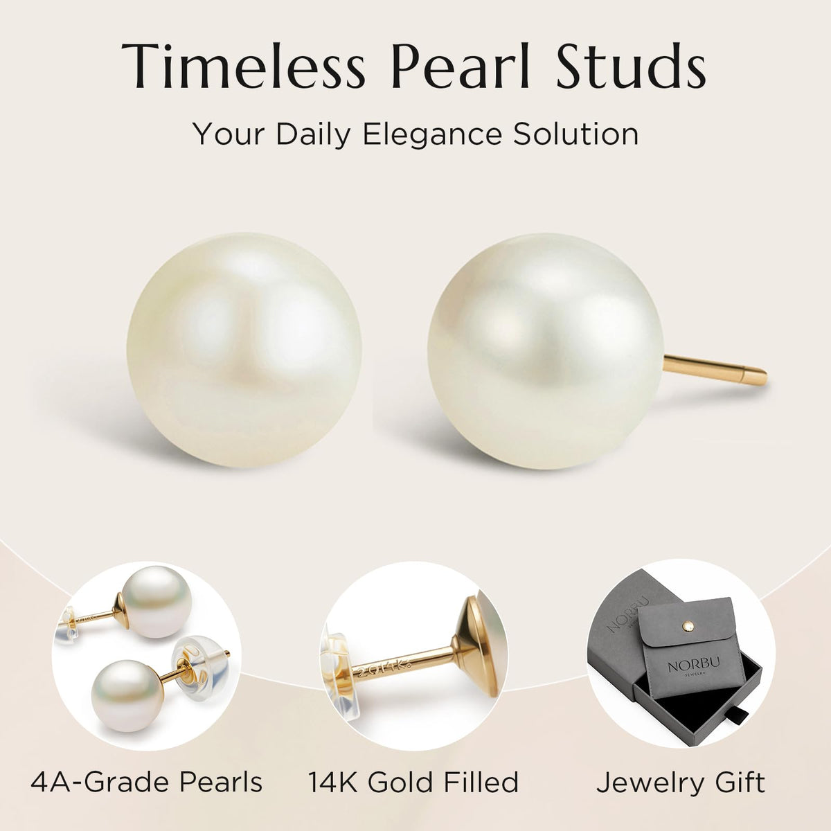 NORBU S925, AAAA+ Round Freshwater Stud Pearl Earrings for Women, Timeless Elegant Gifts for Mom Wife, Mothers Day/Weddi