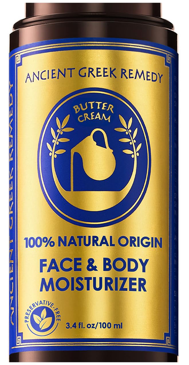 Ancient Greek Remedy organic face moisturizer for dry skin, hydrating facial and body butter cream with natural ingredients.