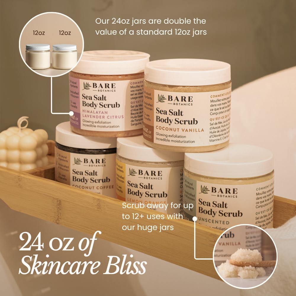 Bare Botanics 24oz Coconut Vanilla Sea Salt Body Scrub Natural Exfoliator – full view, size 24 Ounce (Pack of 1)