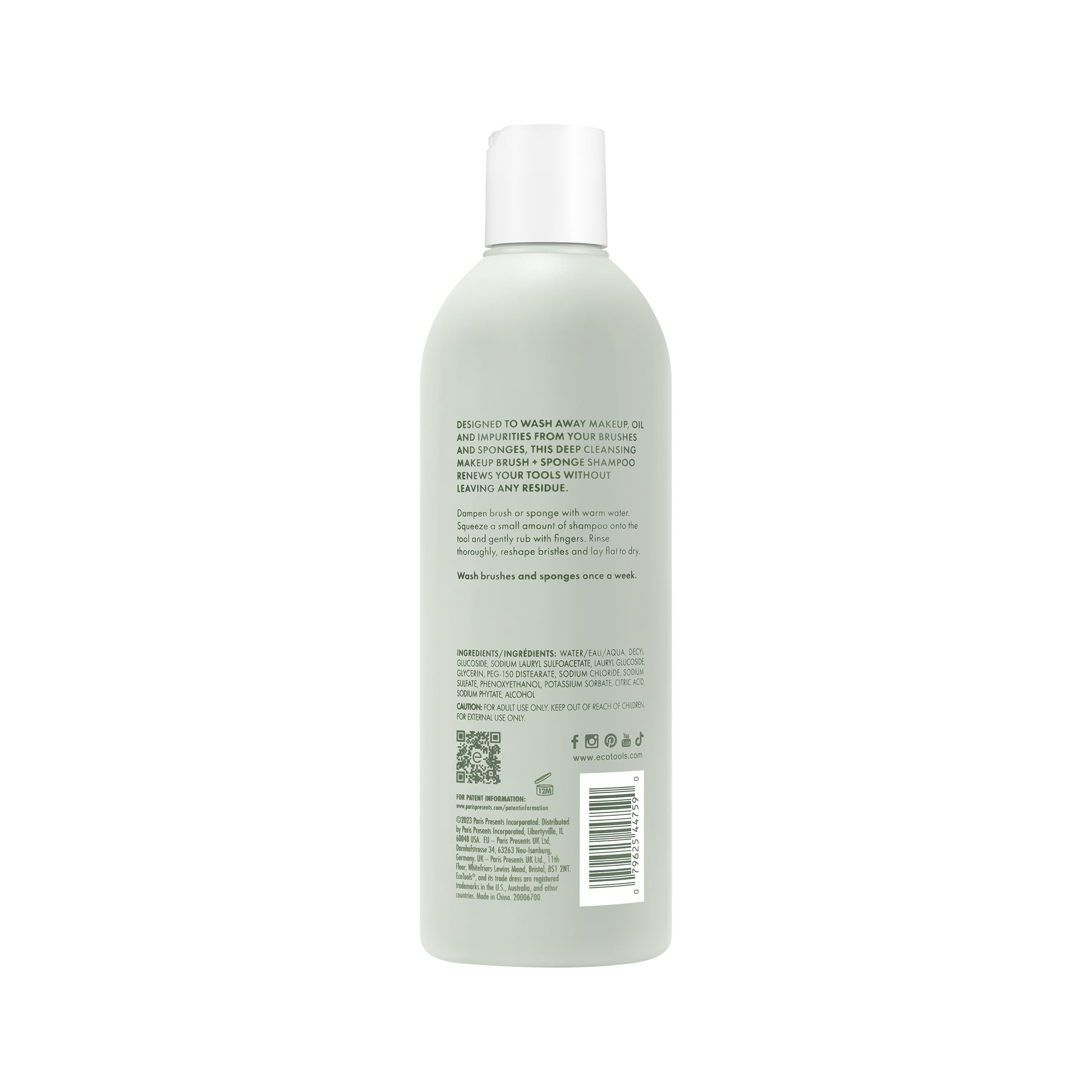 EcoTools XL makeup brush cleanser and sponge shampoo in a 16 Fl Oz bottle, fragrance-free, for gentle brush cleaning.