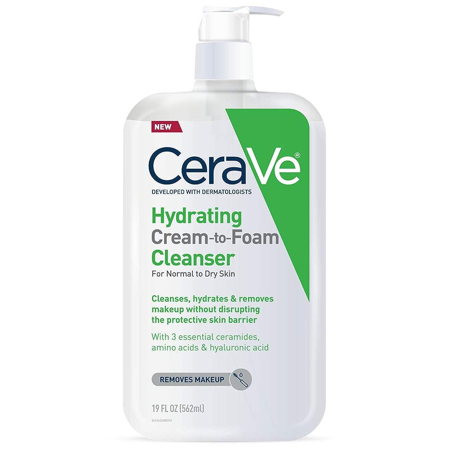 CeraVe Hydrating Cream To Foam Cleanser for dry skin, 19oz, face wash with gentle foaming and hydrating skincare ingredients.