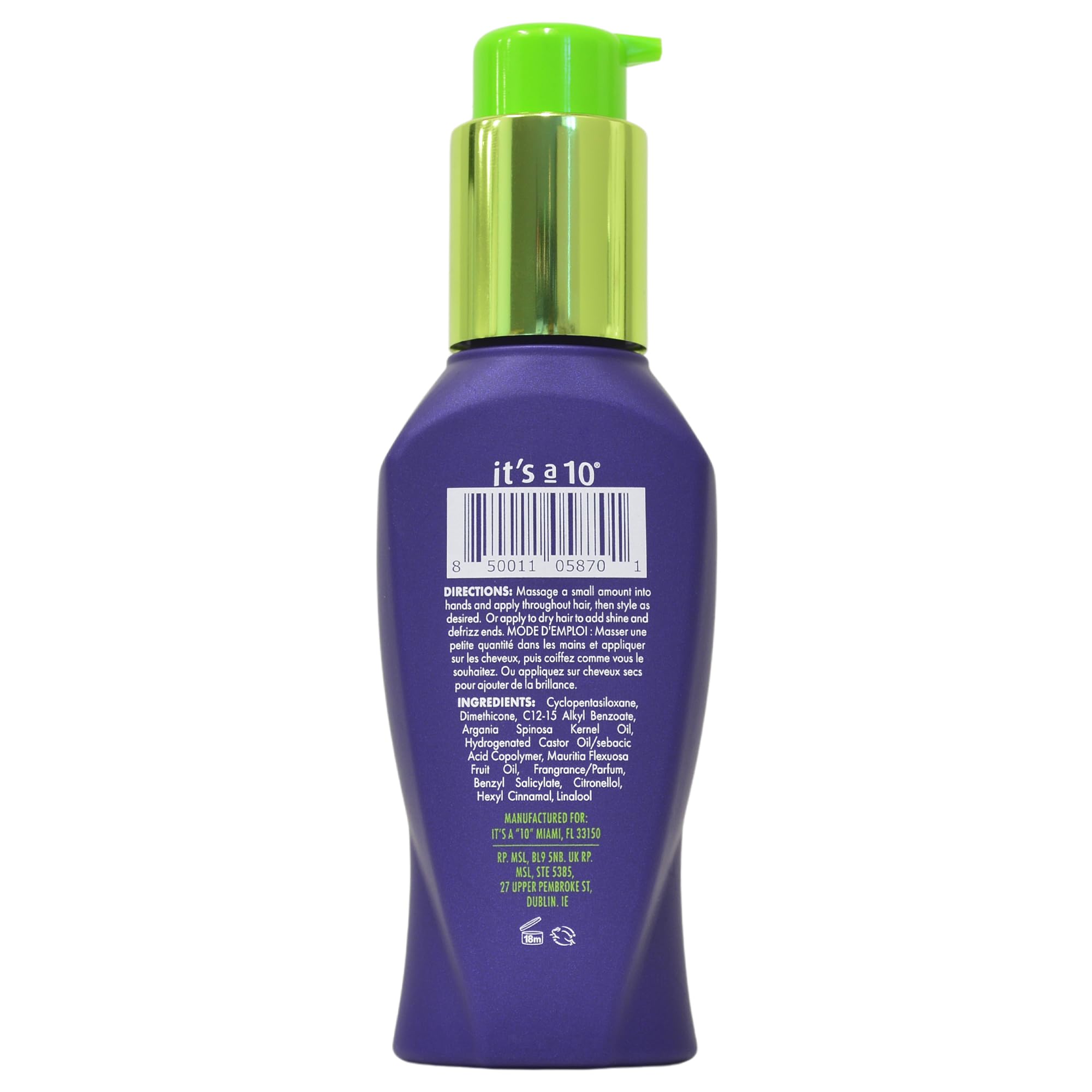 It's A 10 Miracle Styling Serum from It's a 10 Haircare in a 3 oz bottle, demonstrating glossy, smooth hair with a dropper applicator.