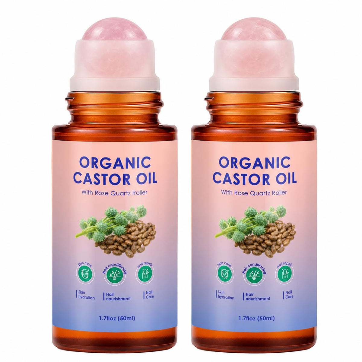 Zotreval Organic Castor Oil Rose Quartz Roll-On, Cold-Pressed, 50 mL, 2 Pack – product photo (Face Oil)