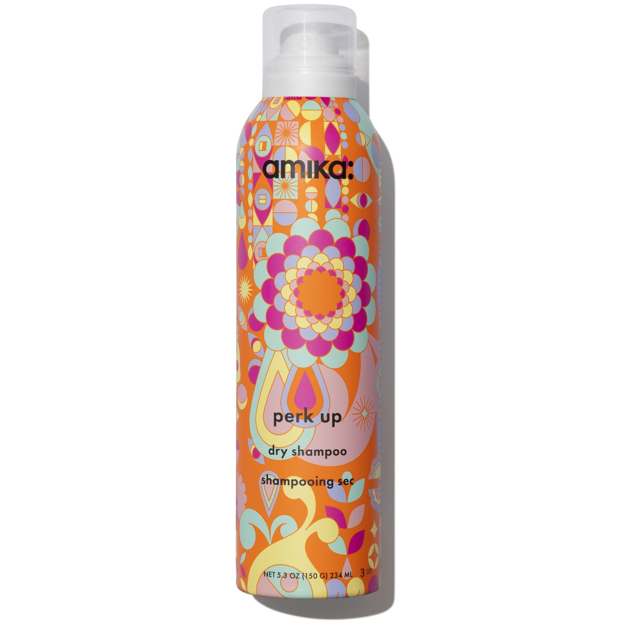 Amika Perk Up Dry Shampoo in 5.3 oz bottle, showing the sleek packaging and spray nozzle for refreshed hair.
