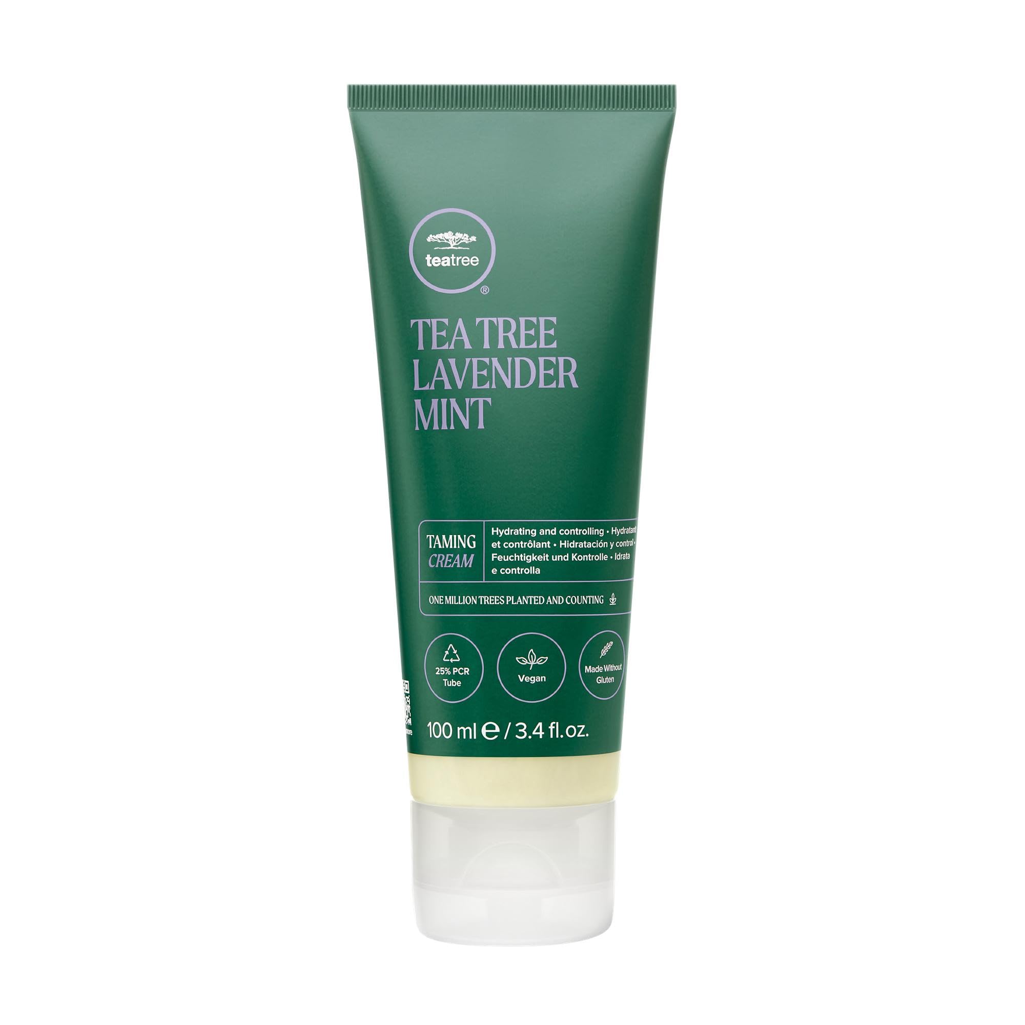 Tea Tree Lavender Mint Taming Cream for curly, coarse, and dry hair, styling cream in a 3.4 oz tube with herbal scent.