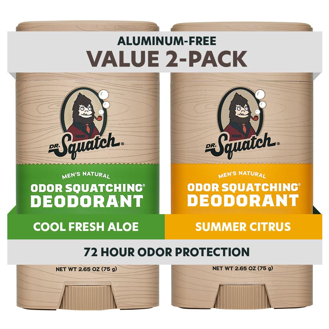Dr. Squatch natural men's deodorant 2-pack, showing two sticks of body deodorant with natural ingredients and branding.