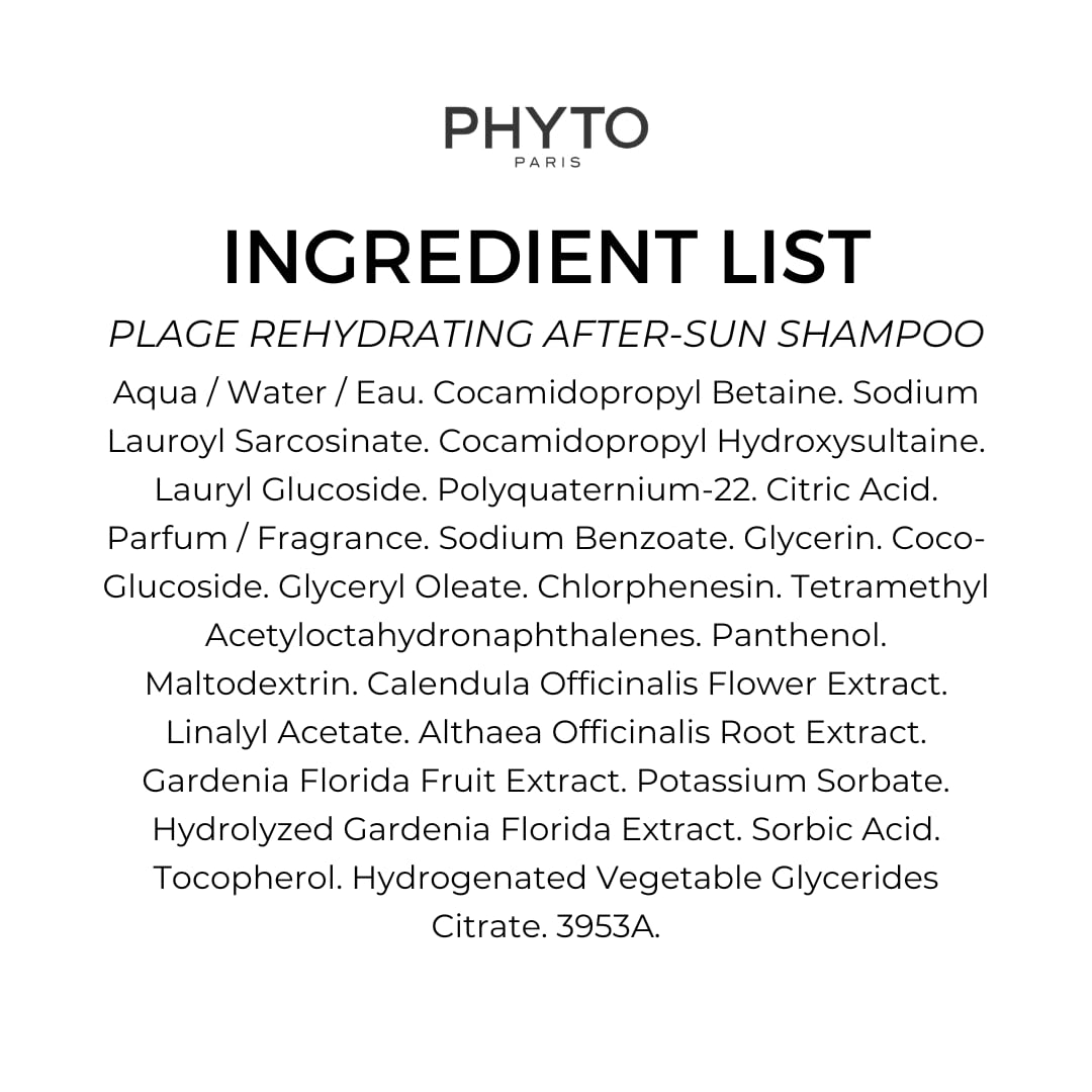 PHYTO Plage After-Sun Rehydrating Shampoo with calendula extract, sulfate-free, silicone-free, designed to remove salt, sand, chlorine, and sunscreen.