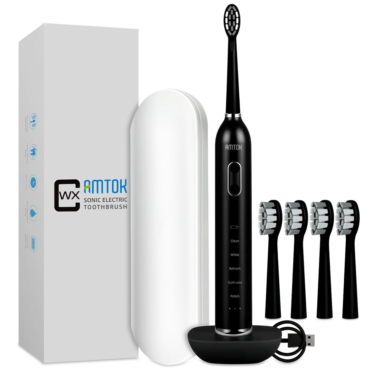 CWX Sonic Rechargeable Electric Toothbrush, Cordless with Fast Wireless Charging, 5 Cleaning Modes & 3 Intensity, 60-Day