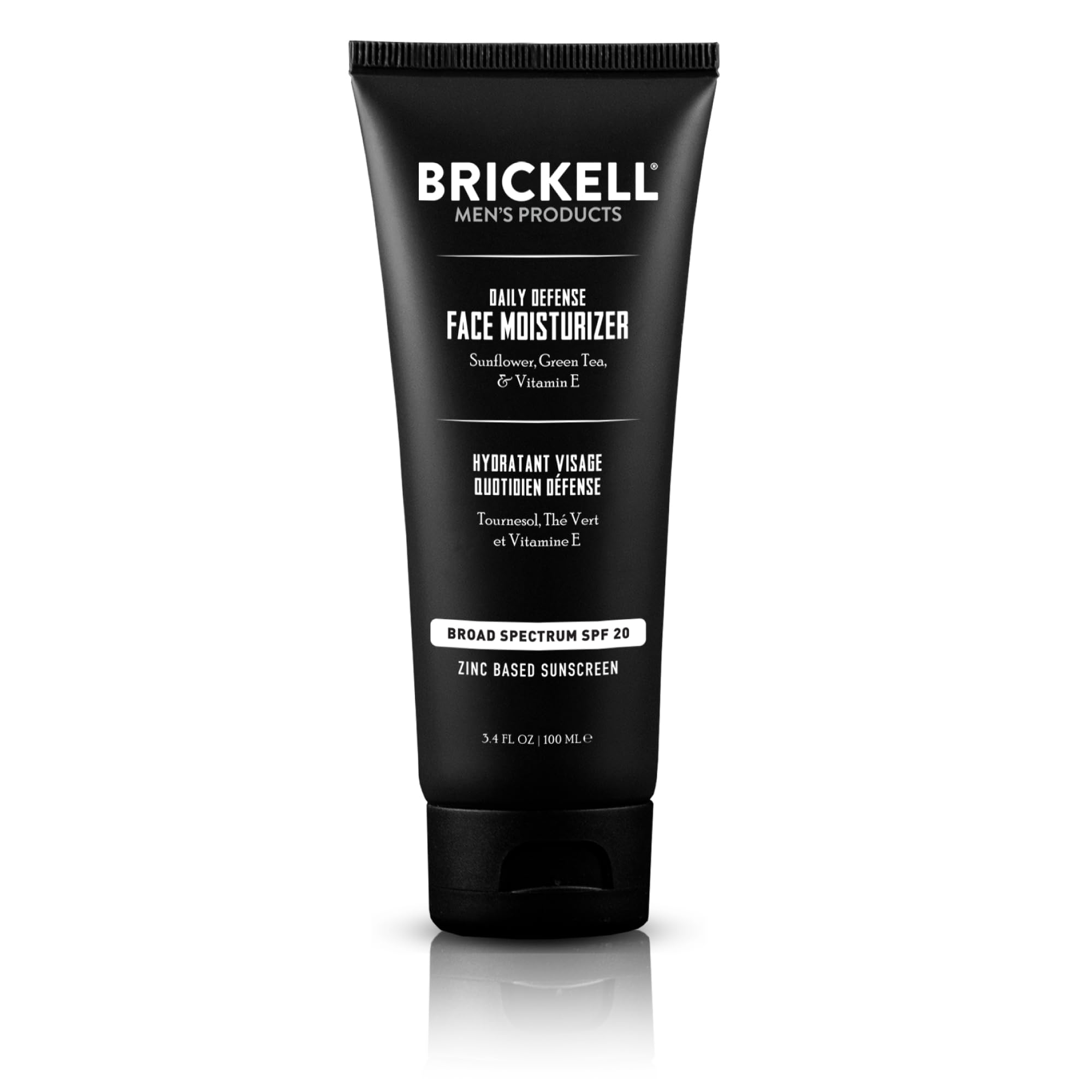 Brickell Men's Daily Defense SPF20 face moisturizer with zinc, green tea, and vitamin E, in a 3.4oz unscented sunscreen tube.