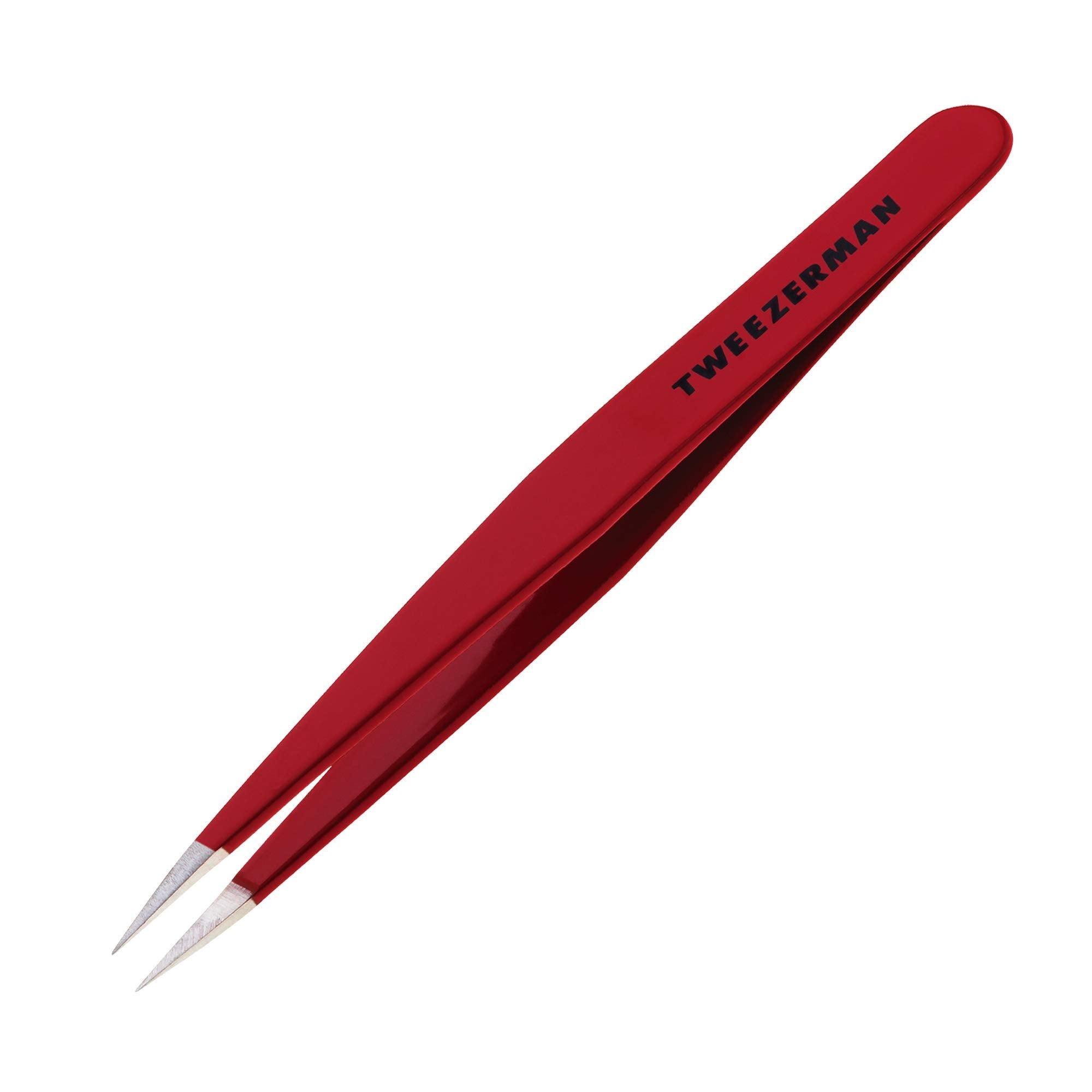 Tweezerman stainless steel point tweezer in assorted colors with precise tips for eyebrow and eyelash grooming.