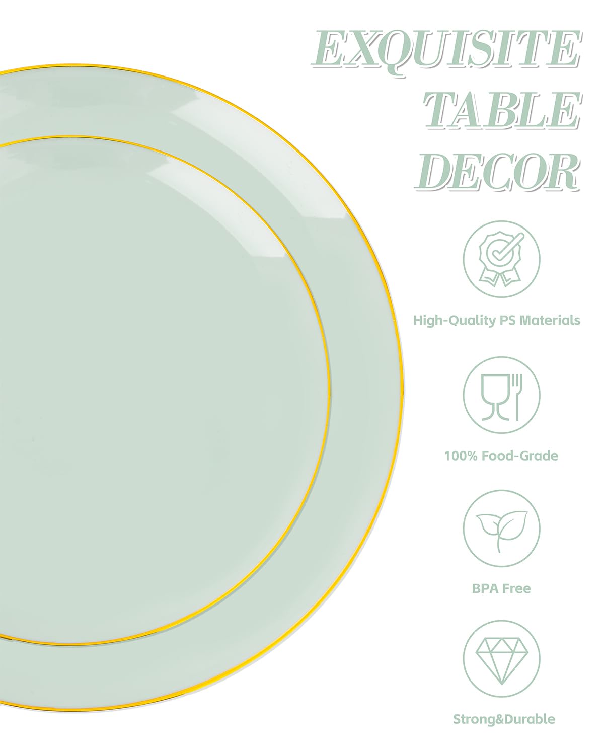 bUCLA 150PCS Green Plastic Plates - Sage Green with Gold Rim Disposable - Include 25 (Dinner & Dessert) Plates, 25 Knive