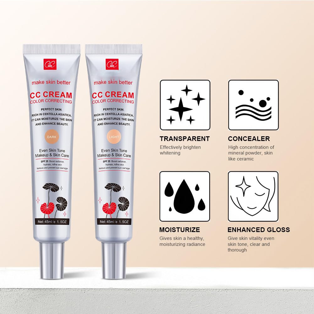 Fovcos Color Correcting CC Cream with SPF 25, Coverage Lightweight Foundation, Hydrating Serum, Even Skin Tone Makeup an